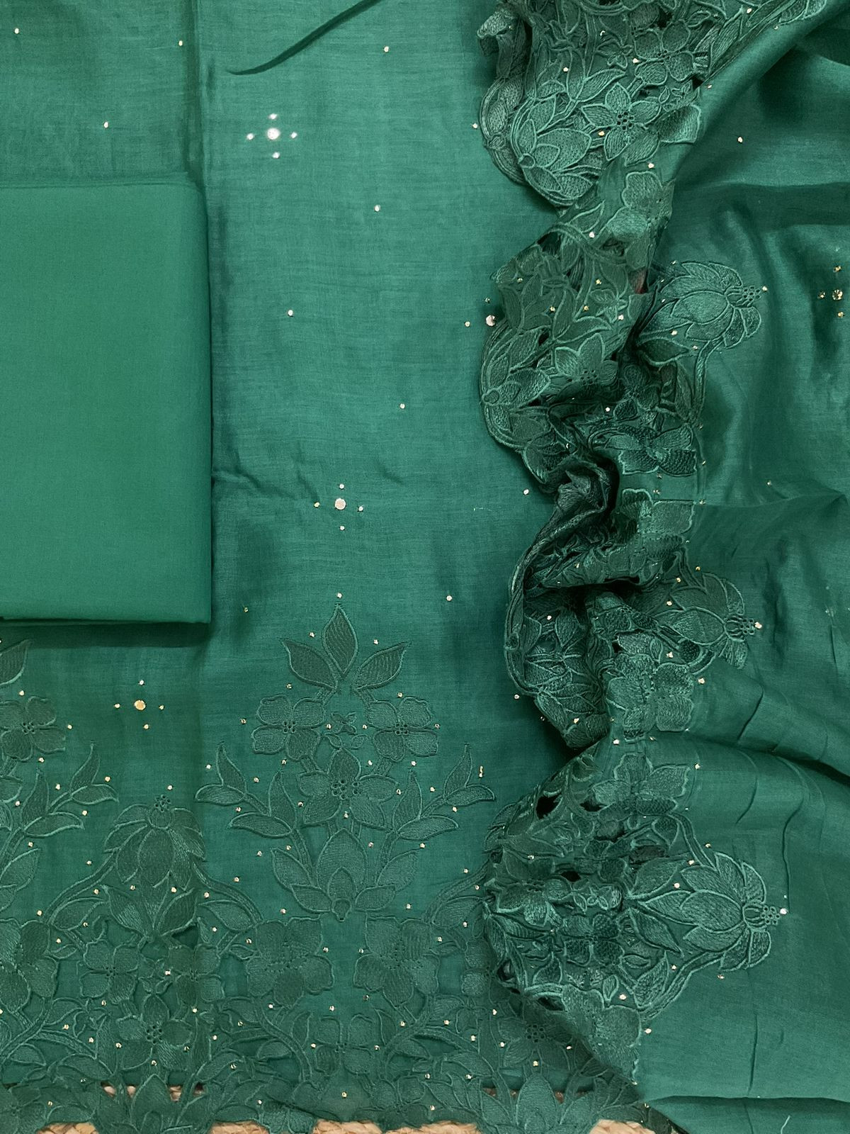 Pure Mul Chanderi Embroidered Suit - Green