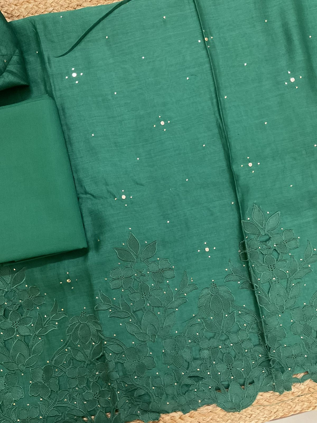 Pure Mul Chanderi Embroidered Suit - Green