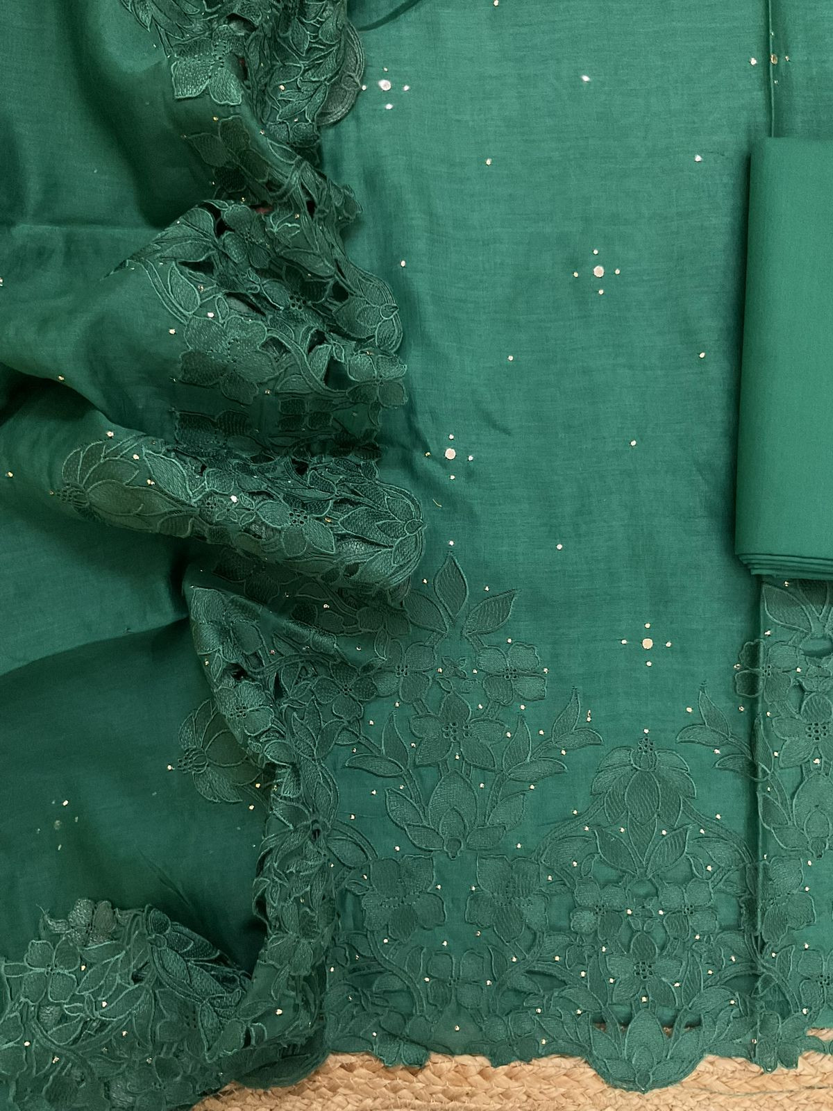 Pure Mul Chanderi Embroidered Suit - Green