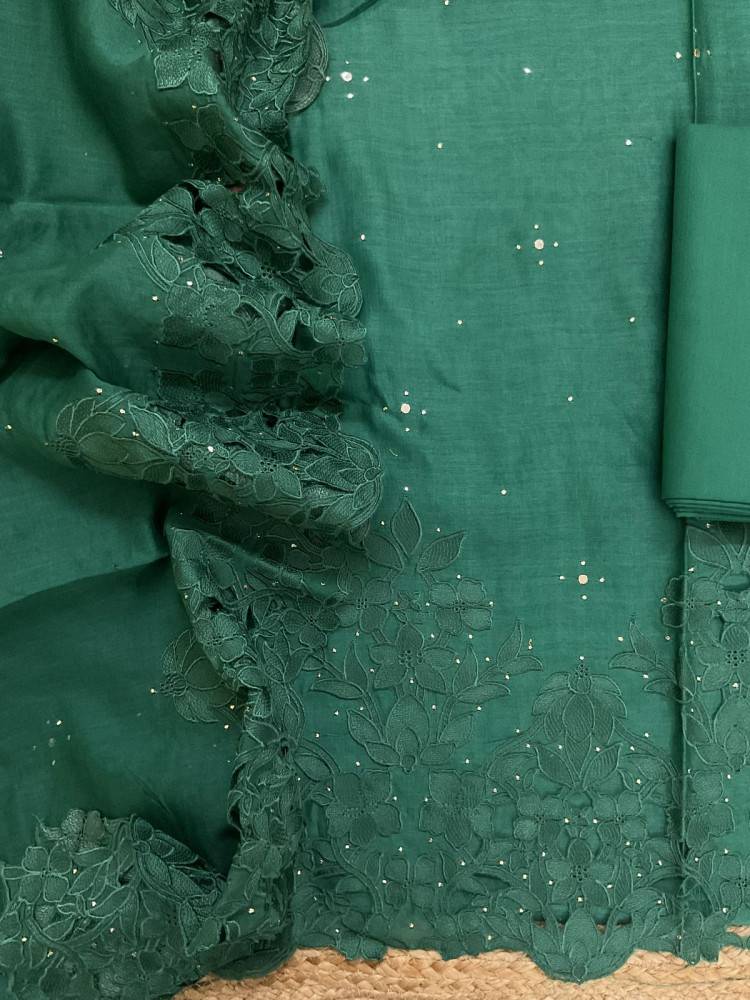 Image of Pure Mul Chanderi Embroidered Suit - Green