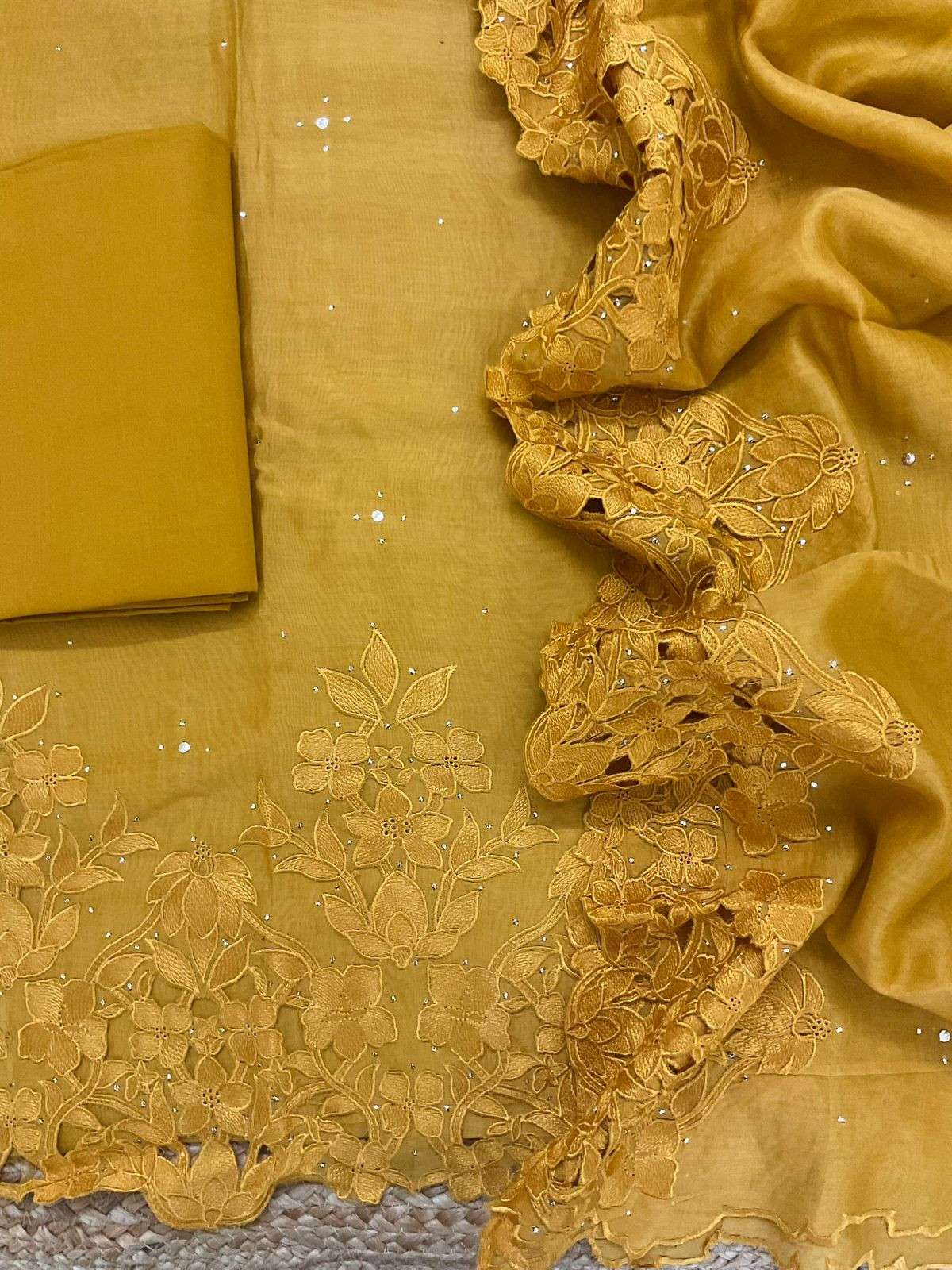 Pure Mul Chanderi Embroidered Suit - Mustard