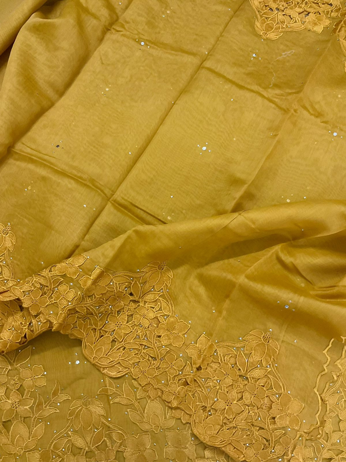 Pure Mul Chanderi Embroidered Suit - Mustard