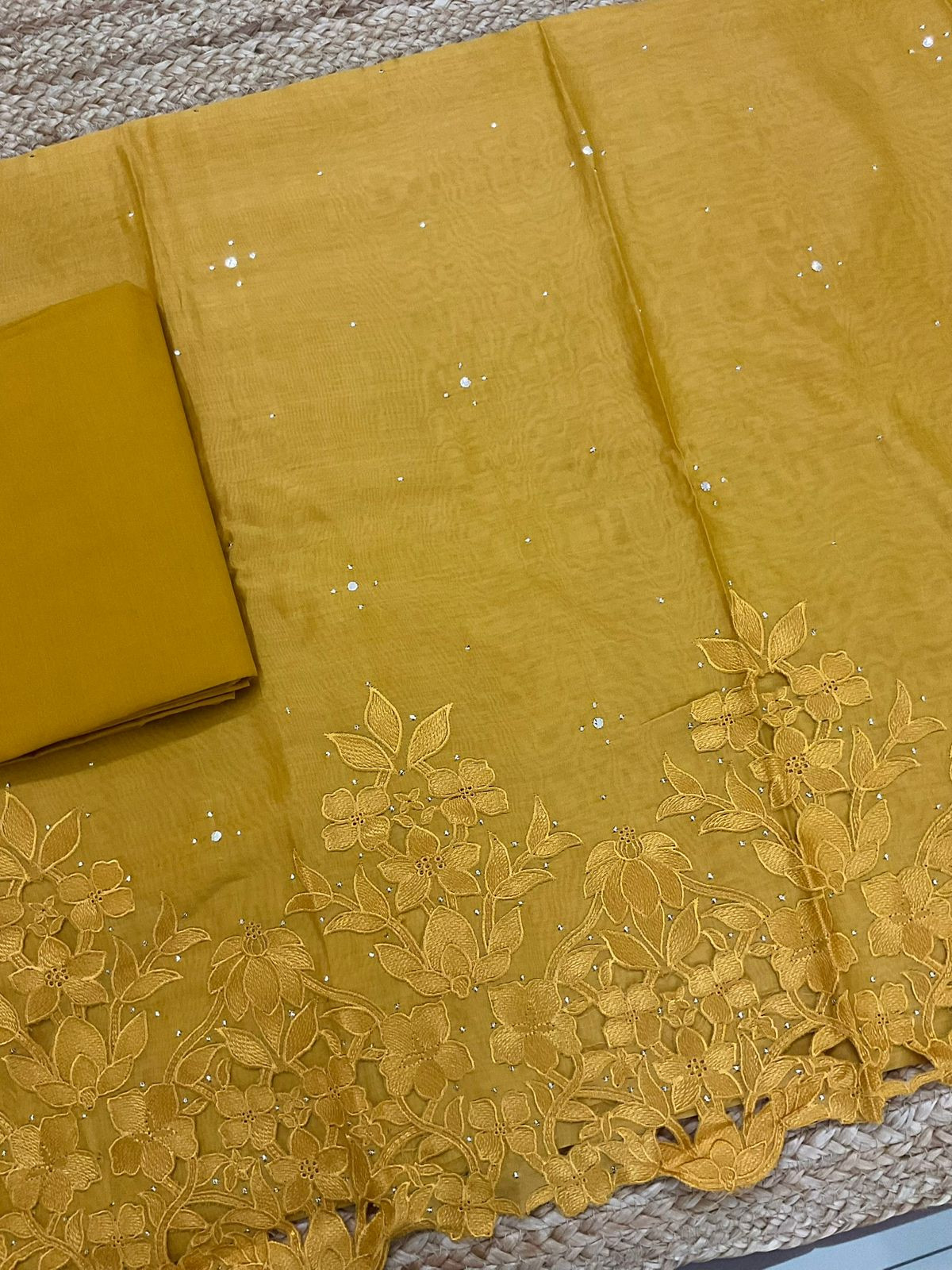 Pure Mul Chanderi Embroidered Suit - Mustard