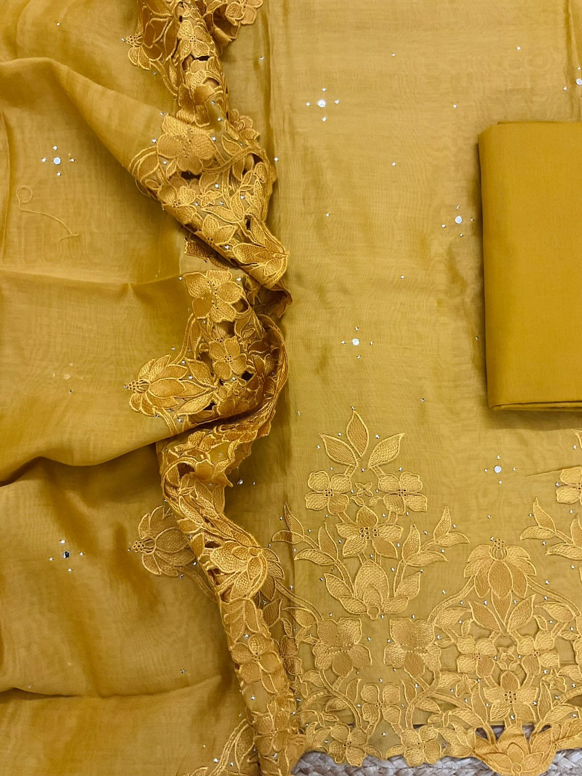 Pure Mul Chanderi Embroidered Suit - Mustard