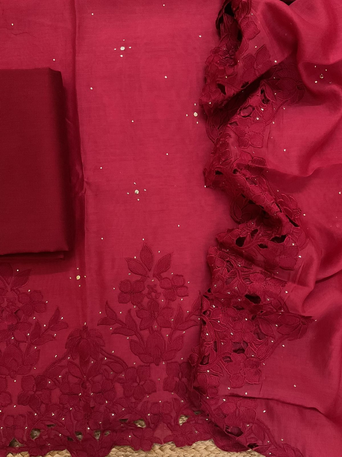 Pure Mul Chanderi Embroidered Suit - Maroon