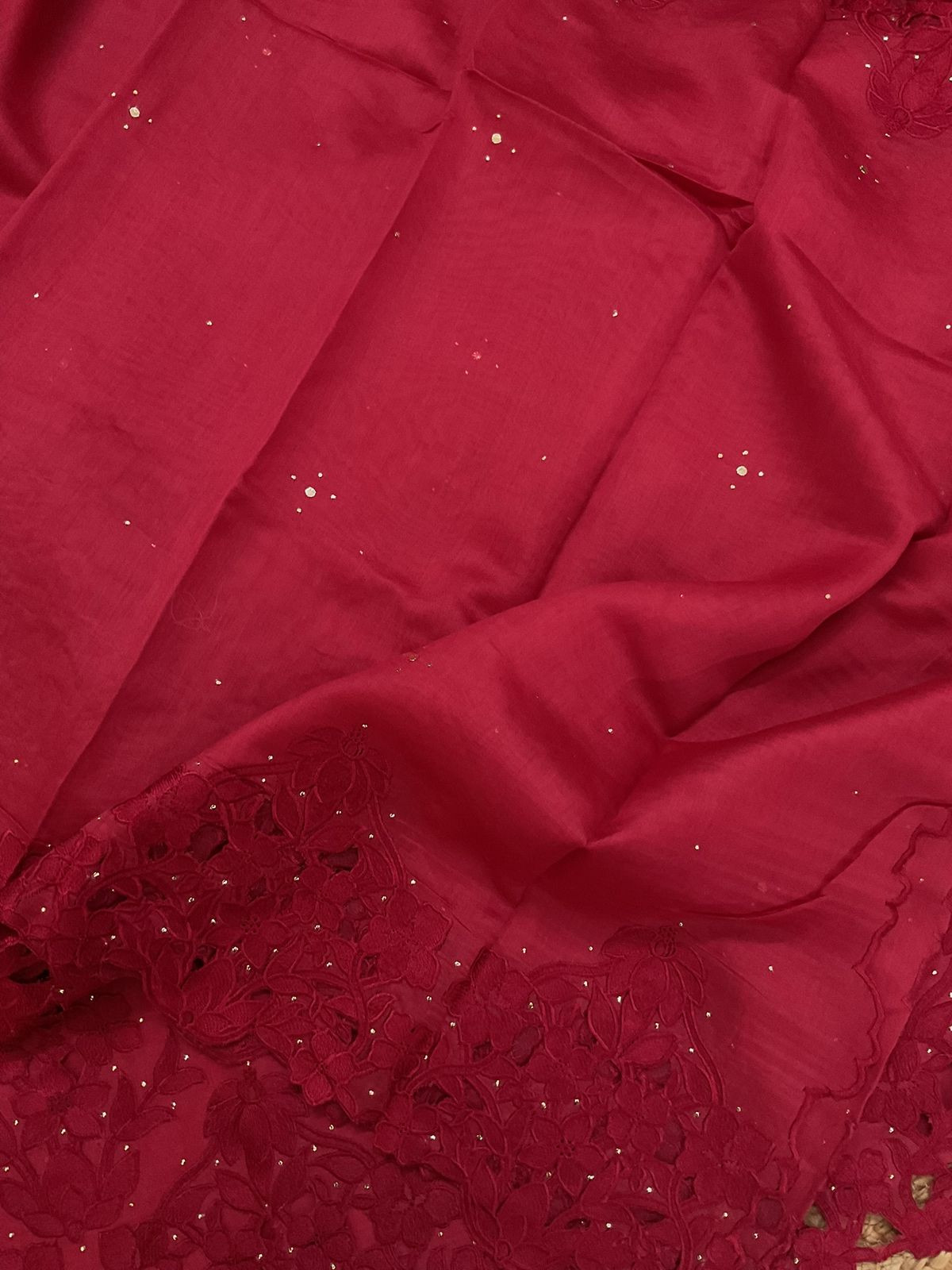 Pure Mul Chanderi Embroidered Suit - Maroon