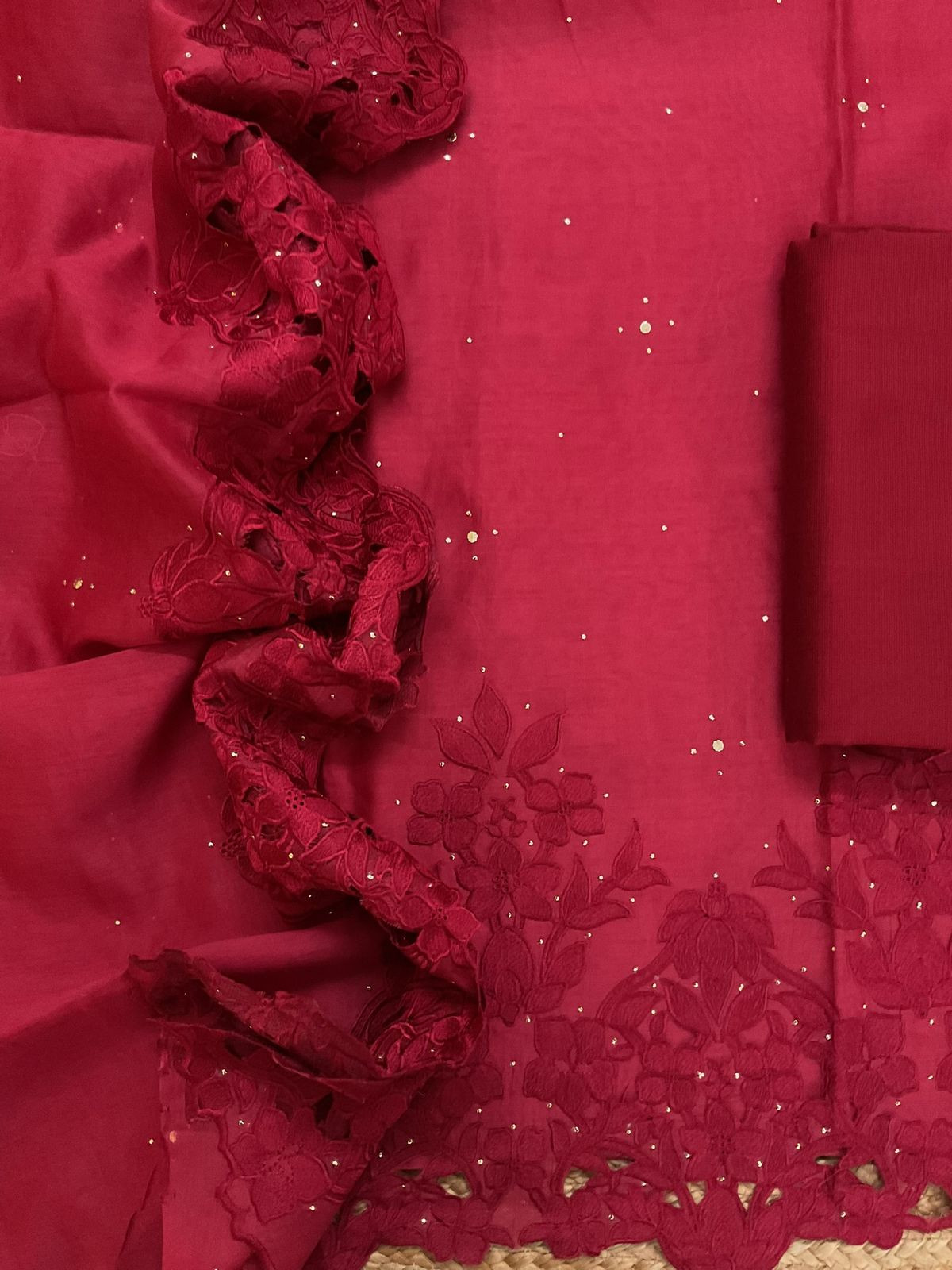 Pure Mul Chanderi Embroidered Suit - Maroon