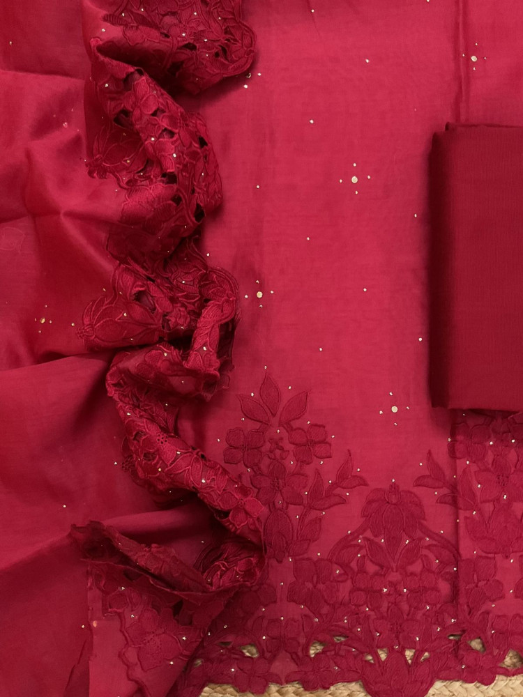Image of Pure Mul Chanderi Embroidered Suit - Maroon