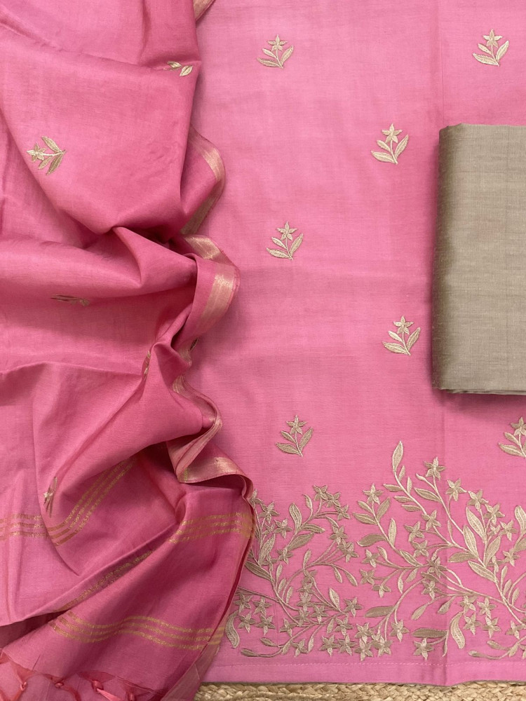Image of Soft Cotton Silk Embroidered Suit - Pink