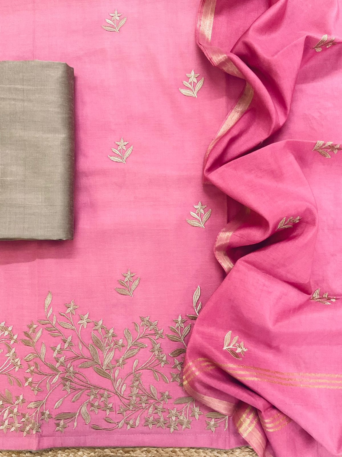 Soft Cotton Silk Embroidered Suit - Pink