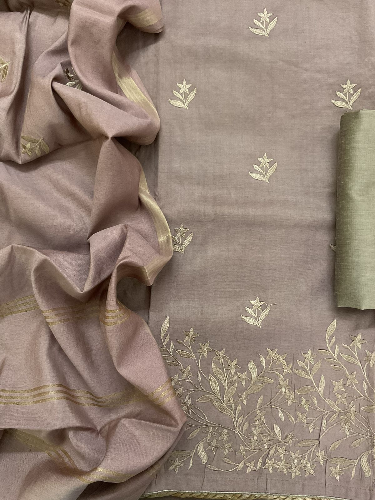 Soft Cotton Silk Embroidered Suit - Brown