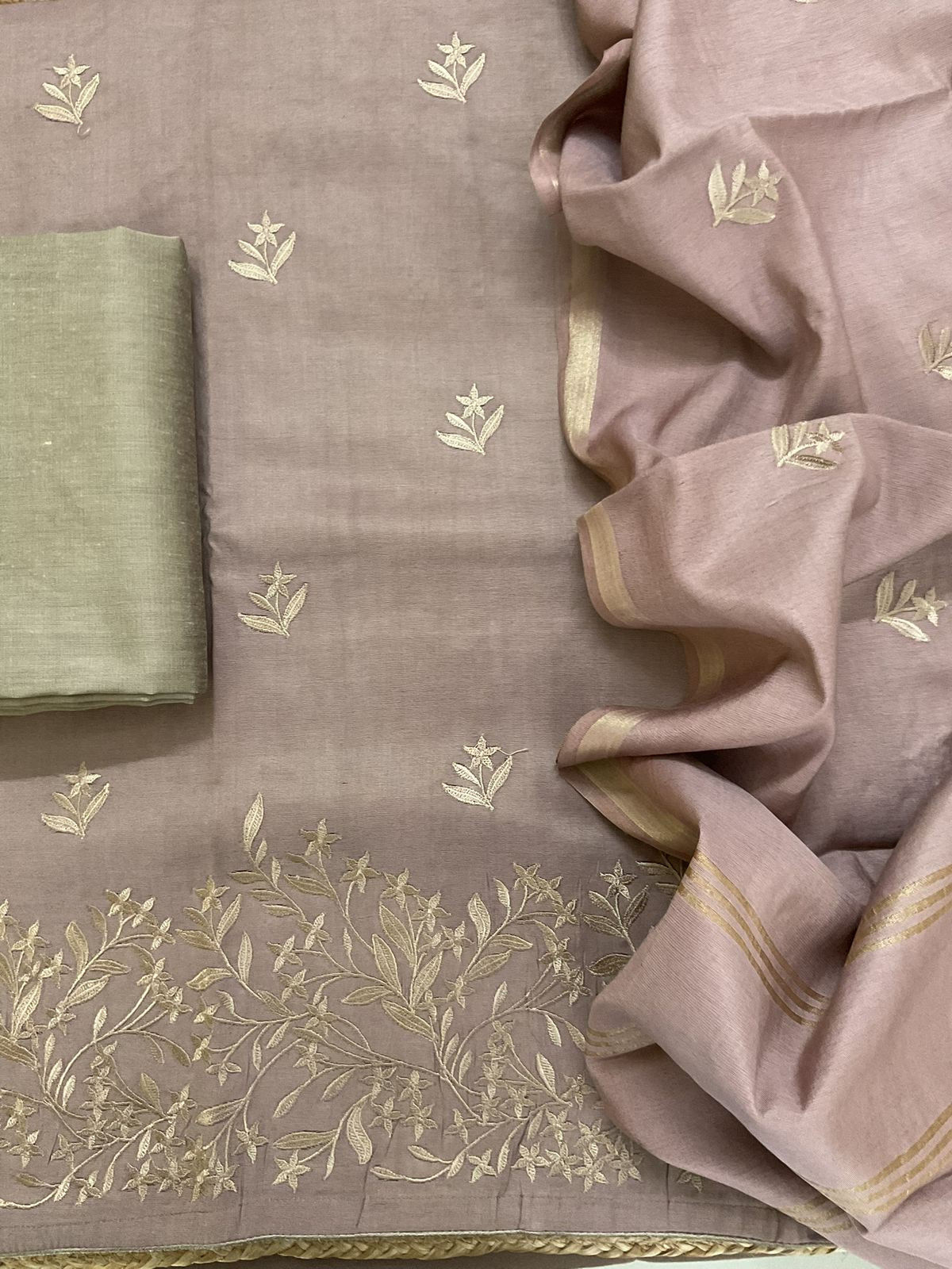 Soft Cotton Silk Embroidered Suit - Brown