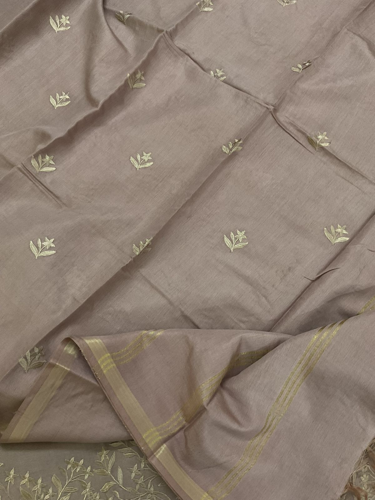 Soft Cotton Silk Embroidered Suit - Brown