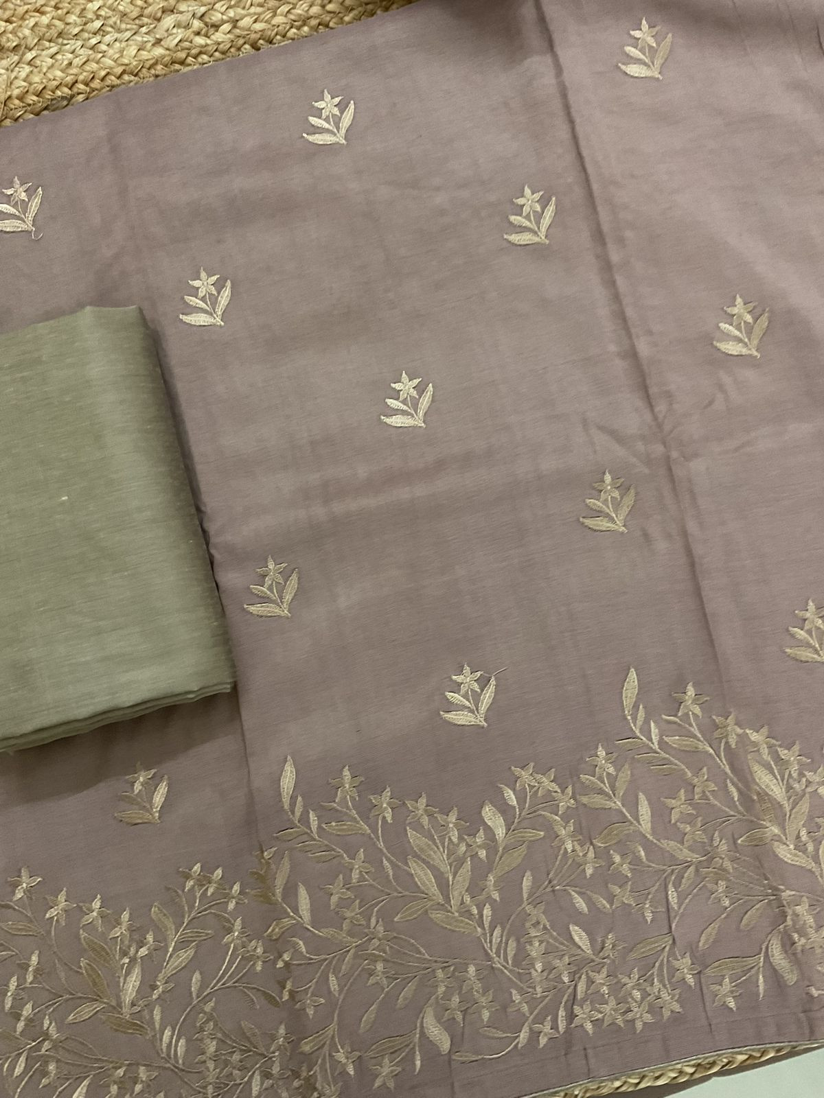 Soft Cotton Silk Embroidered Suit - Brown