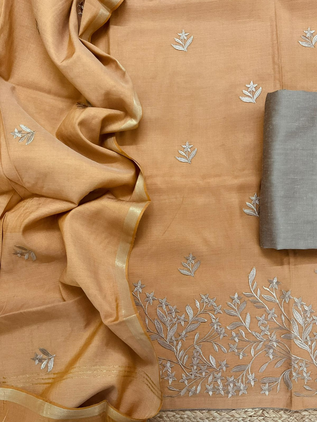Soft Cotton Silk Embroidered Suit - Rustic Orange