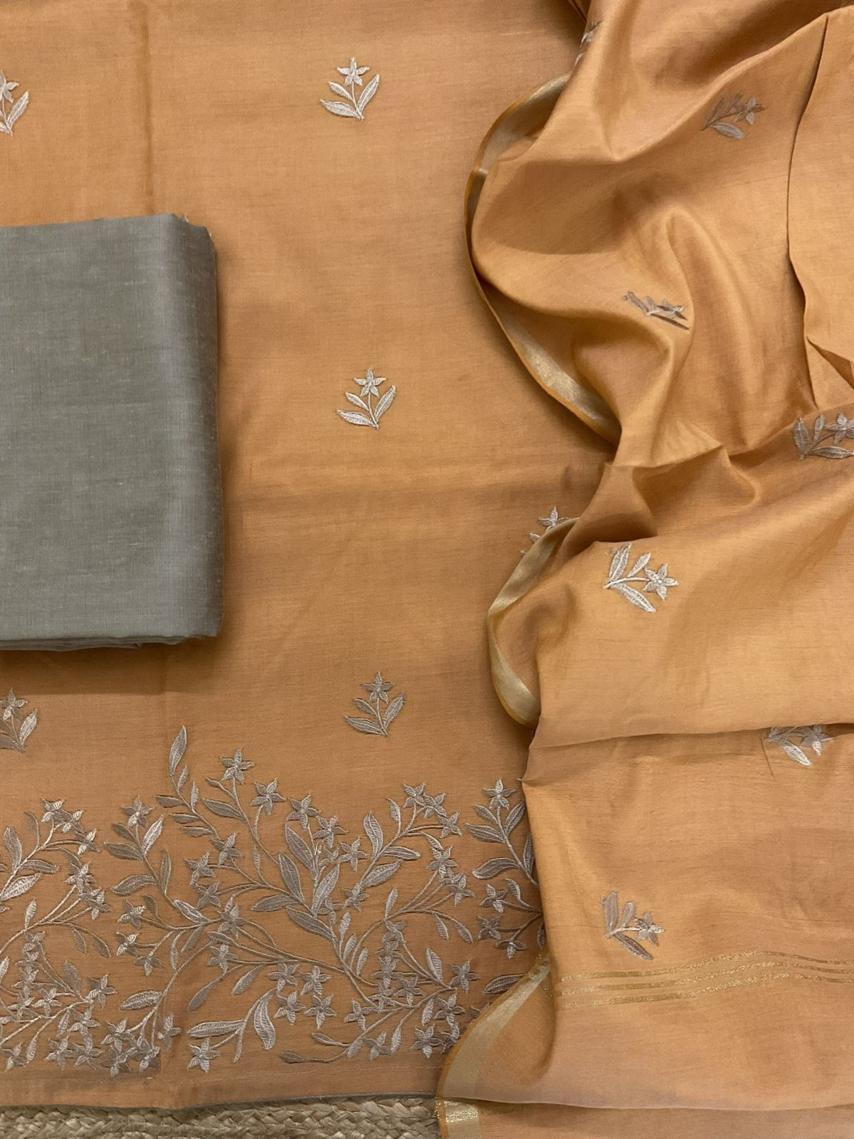 Soft Cotton Silk Embroidered Suit - Rustic Orange