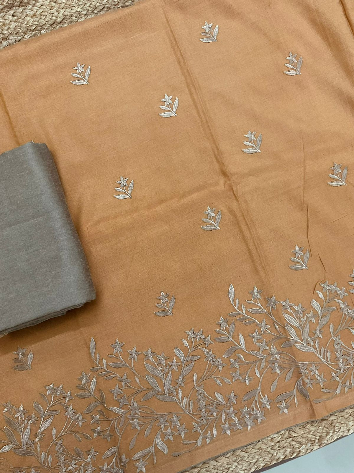 Soft Cotton Silk Embroidered Suit - Rustic Orange