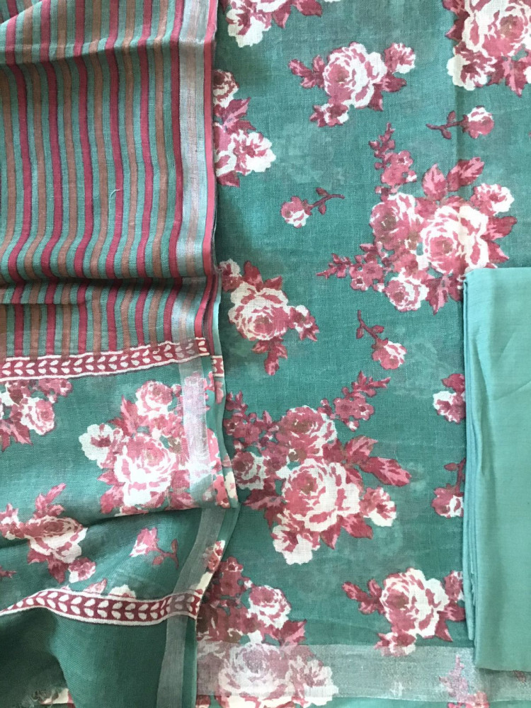 Image of Pure Linen Jute Cotton Printed Suit - Green