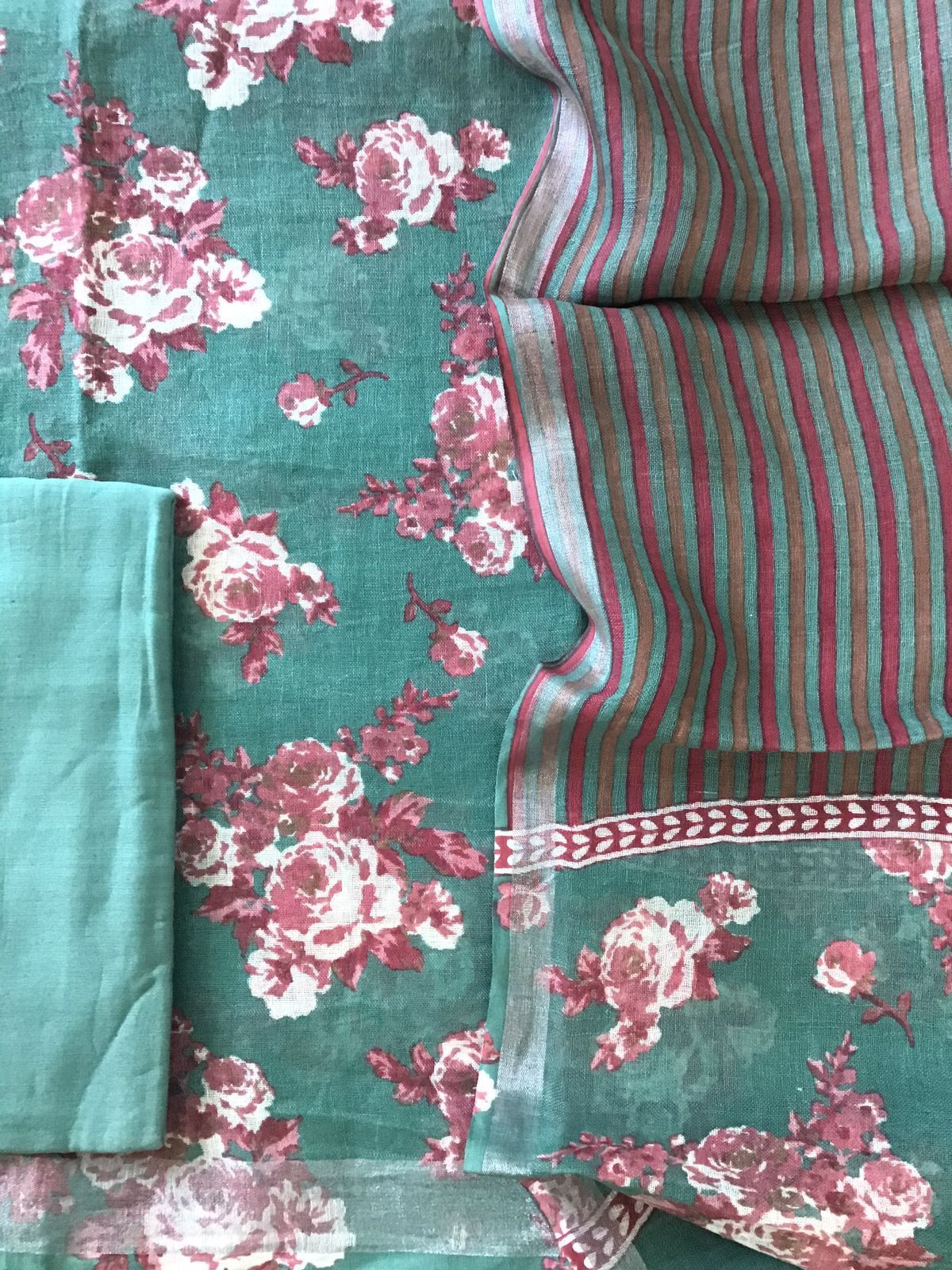 Pure Linen Jute Cotton Printed Suit - Green