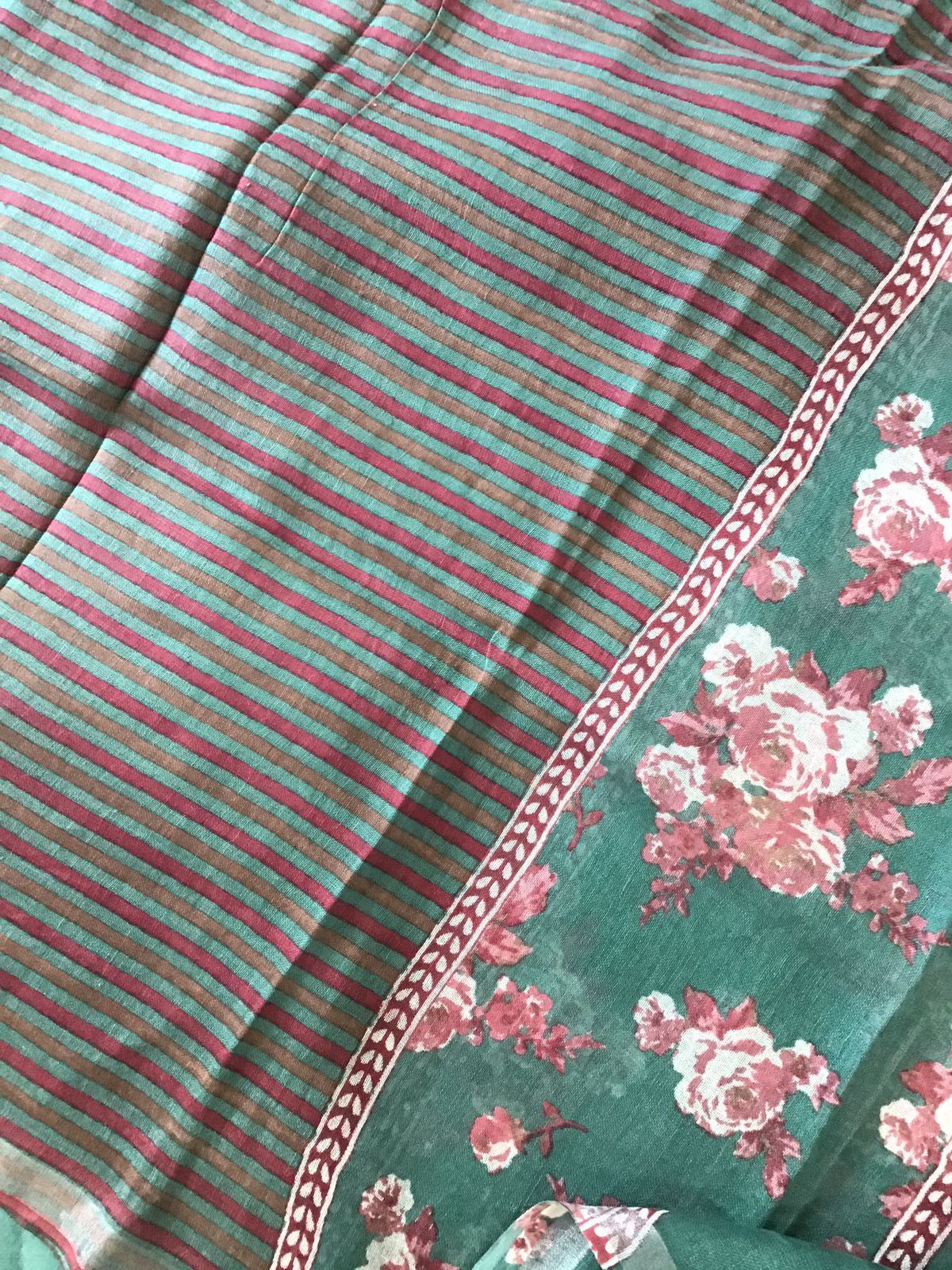Pure Linen Jute Cotton Printed Suit - Green