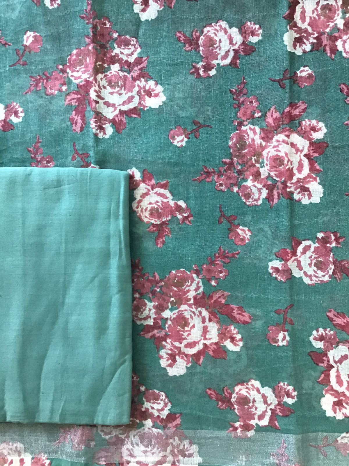 Pure Linen Jute Cotton Printed Suit - Green