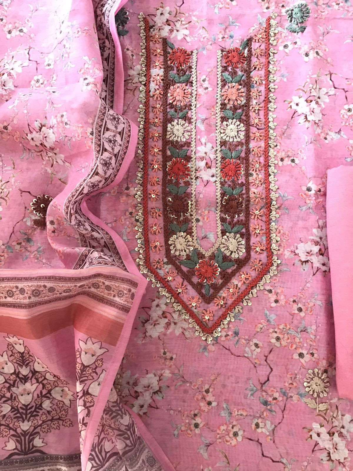 Soft Kora Chanderi Printed Embroidered Suit - Pink