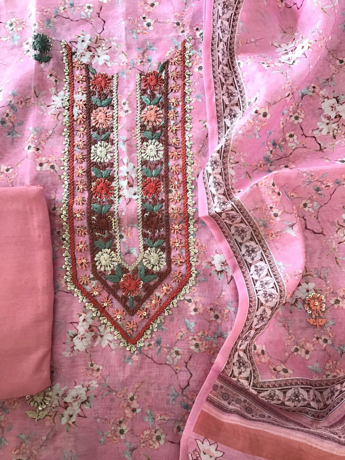 Soft Kora Chanderi Printed Embroidered Suit - Pink