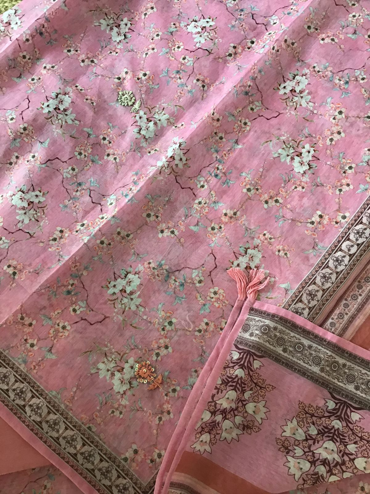 Soft Kora Chanderi Printed Embroidered Suit - Pink