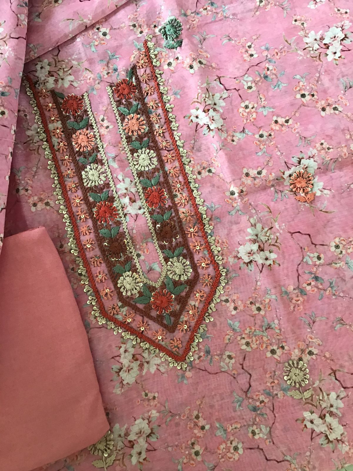 Soft Kora Chanderi Printed Embroidered Suit - Pink