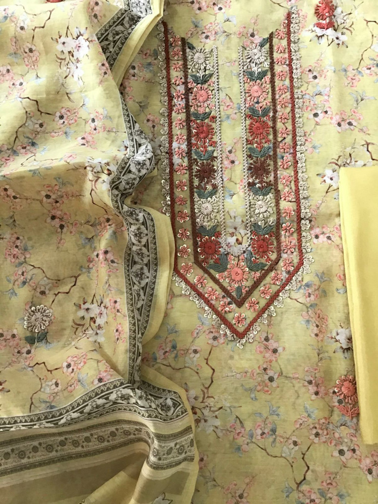 Image of Soft Kora Chanderi Printed Embroidered Suit - Yellow