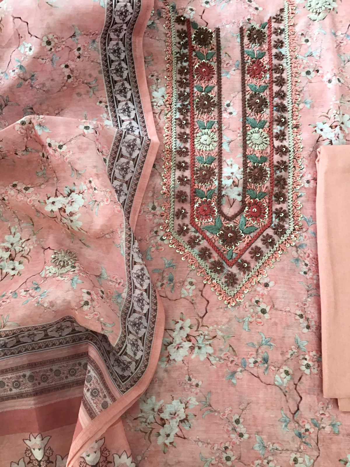 Soft Kora Chanderi Printed Embroidered Suit - Peach