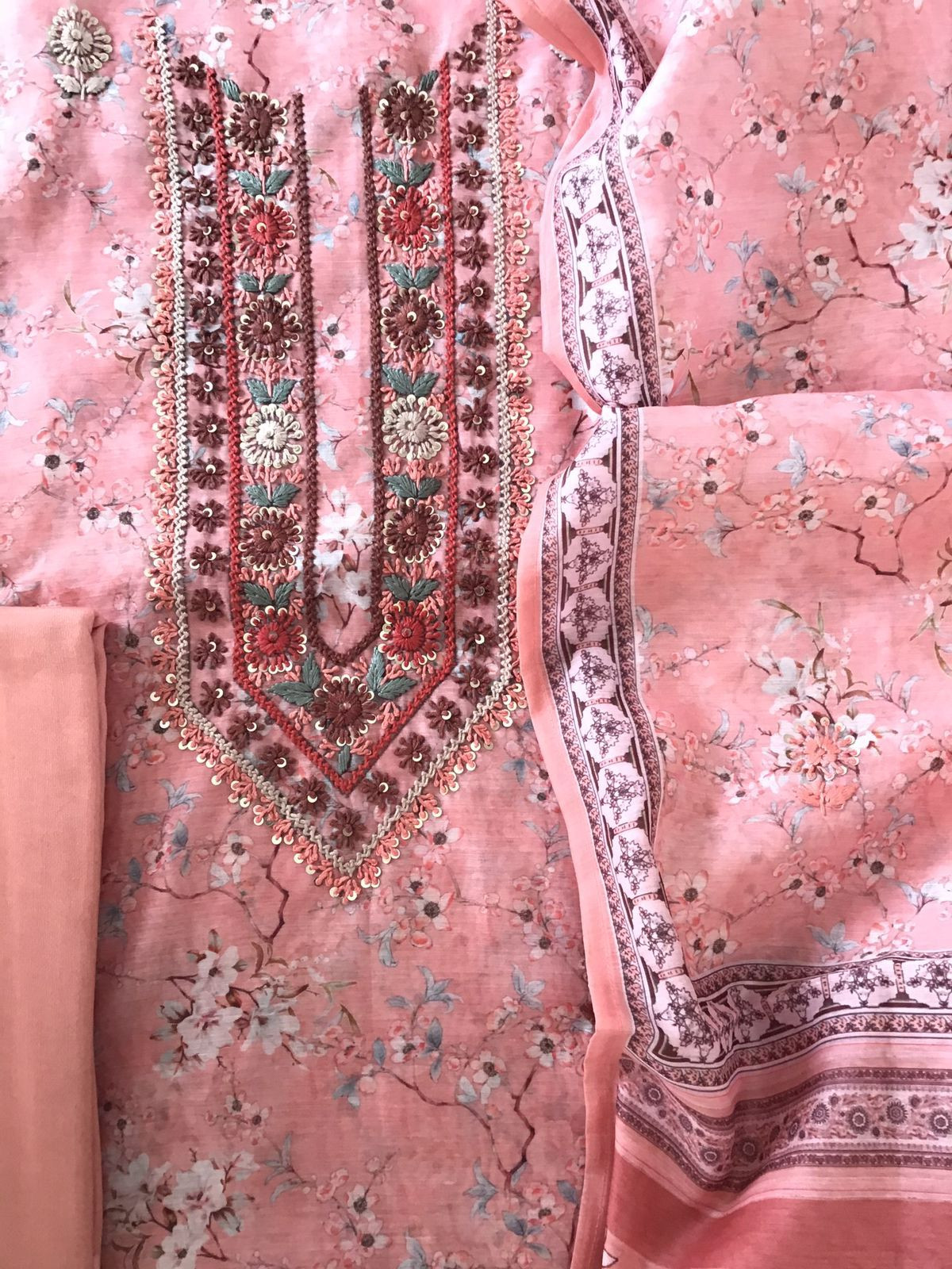 Soft Kora Chanderi Printed Embroidered Suit - Peach