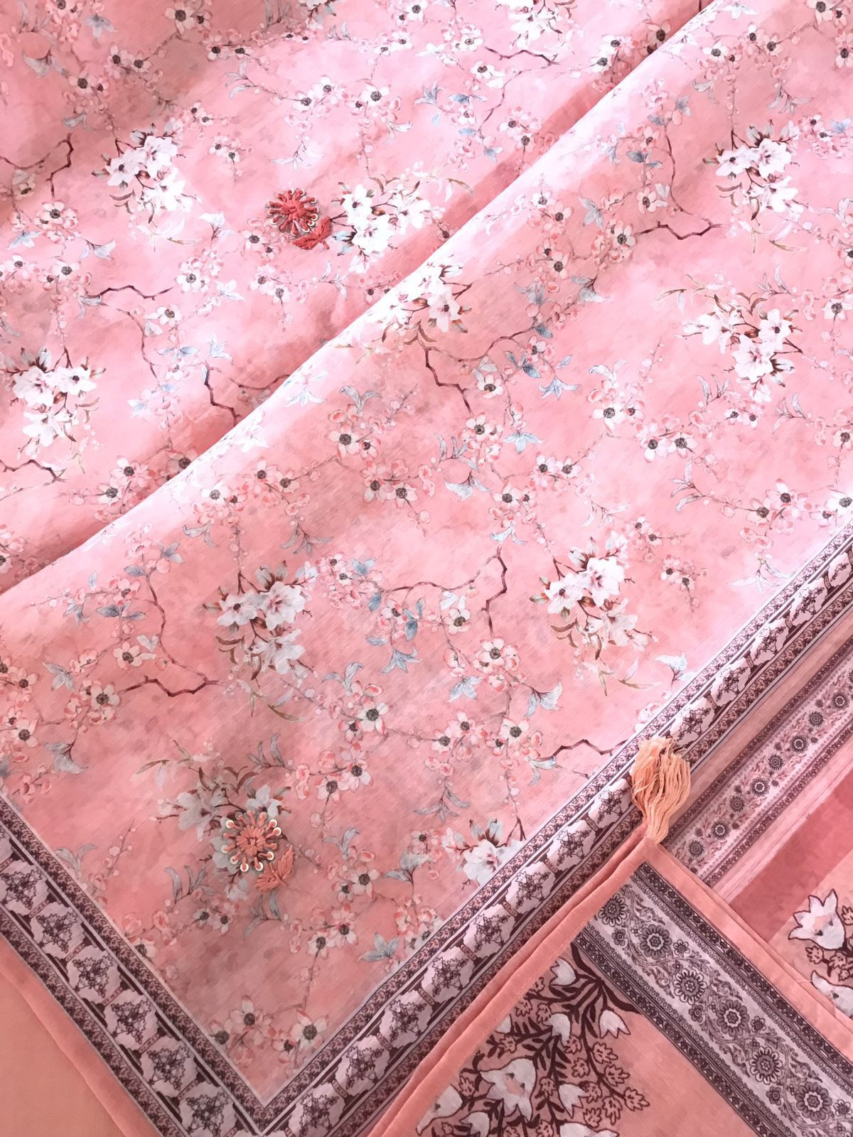 Soft Kora Chanderi Printed Embroidered Suit - Peach