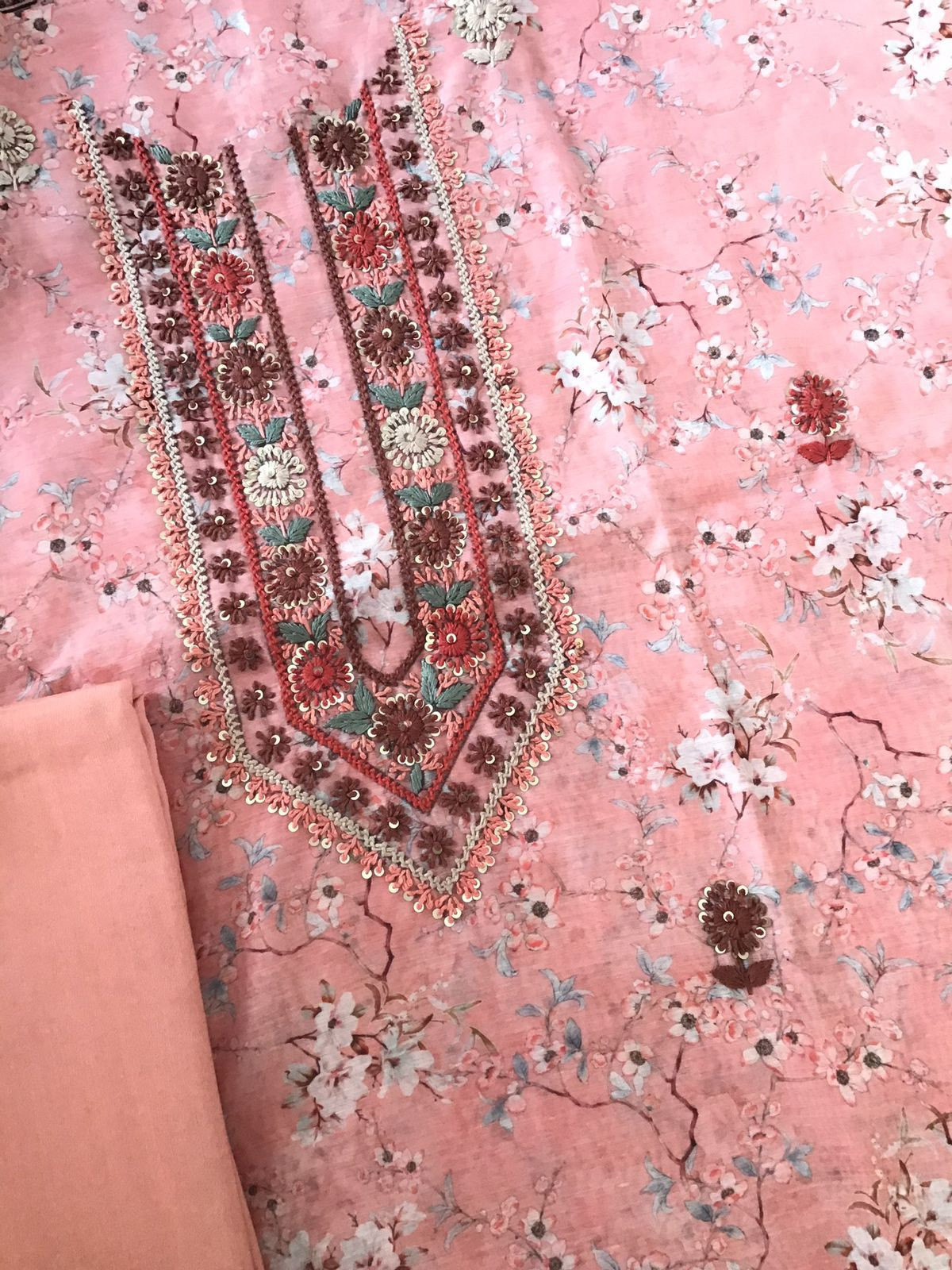 Soft Kora Chanderi Printed Embroidered Suit - Peach
