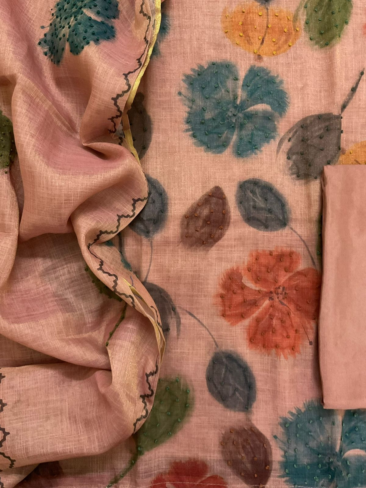 Soft Tissue Slub Cotton Printed Embroidered Suit - Peach