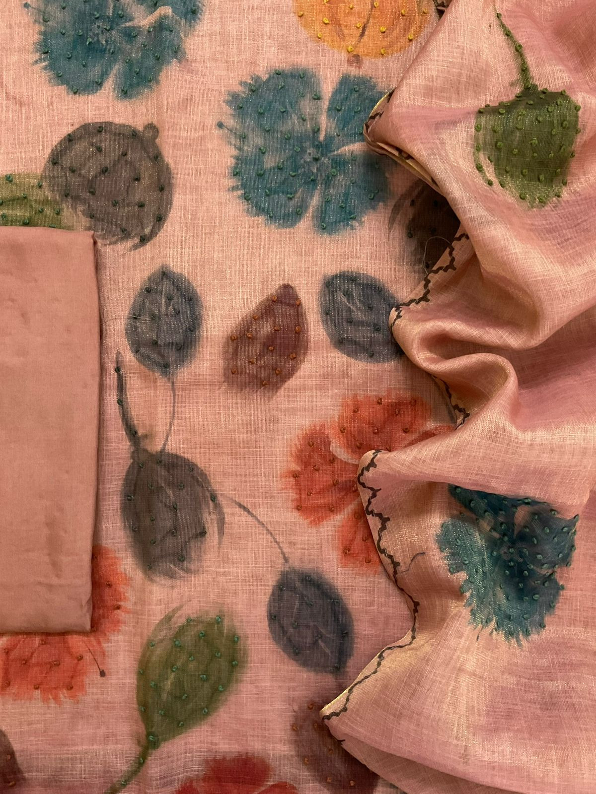 Soft Tissue Slub Cotton Printed Embroidered Suit - Peach