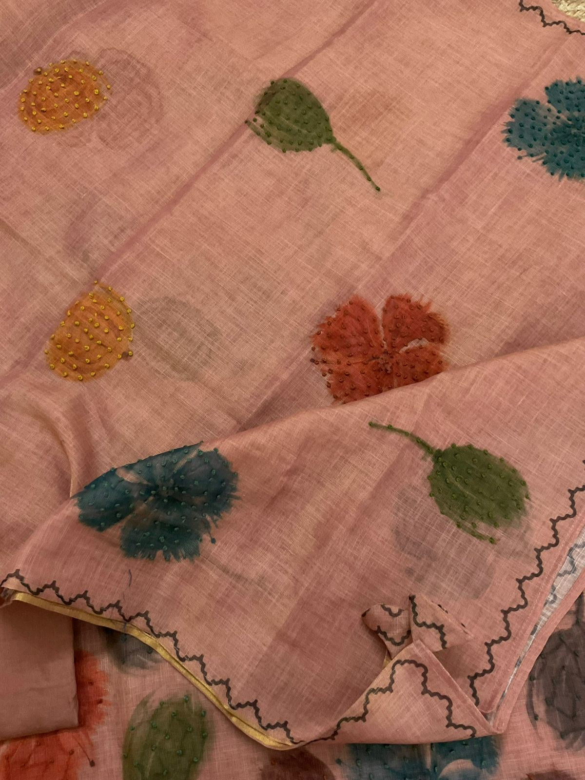 Soft Tissue Slub Cotton Printed Embroidered Suit - Peach