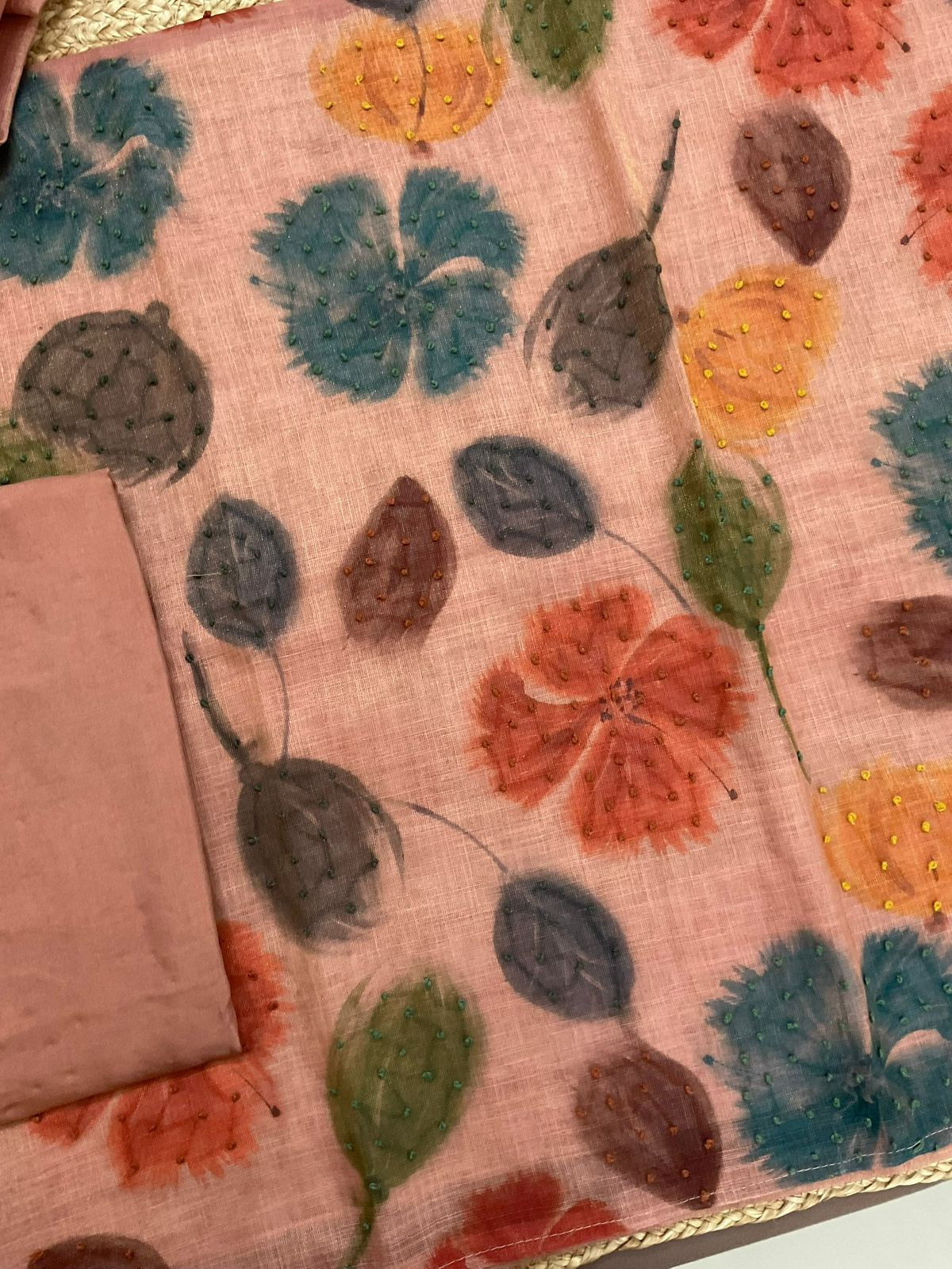 Soft Tissue Slub Cotton Printed Embroidered Suit - Peach