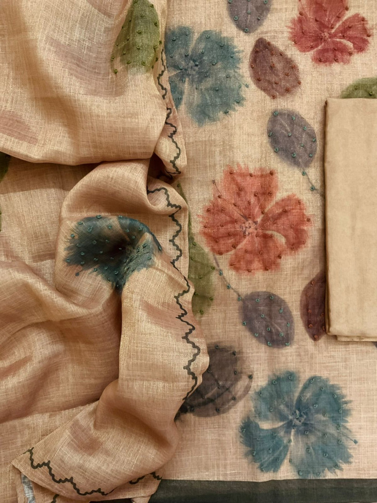 Image of Soft Tissue Slub Cotton Printed Embroidered Suit - Beige