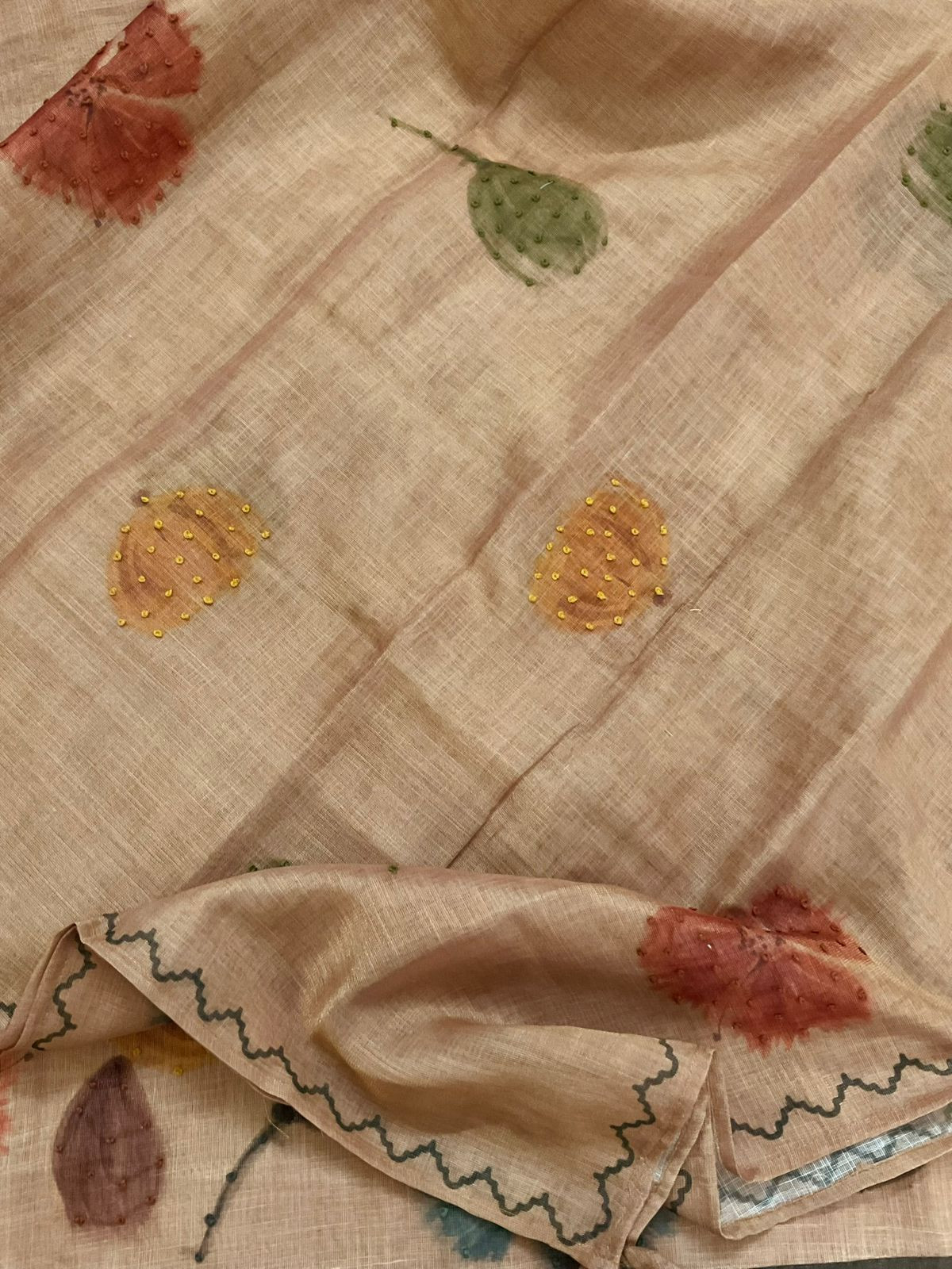 Soft Tissue Slub Cotton Printed Embroidered Suit - Beige