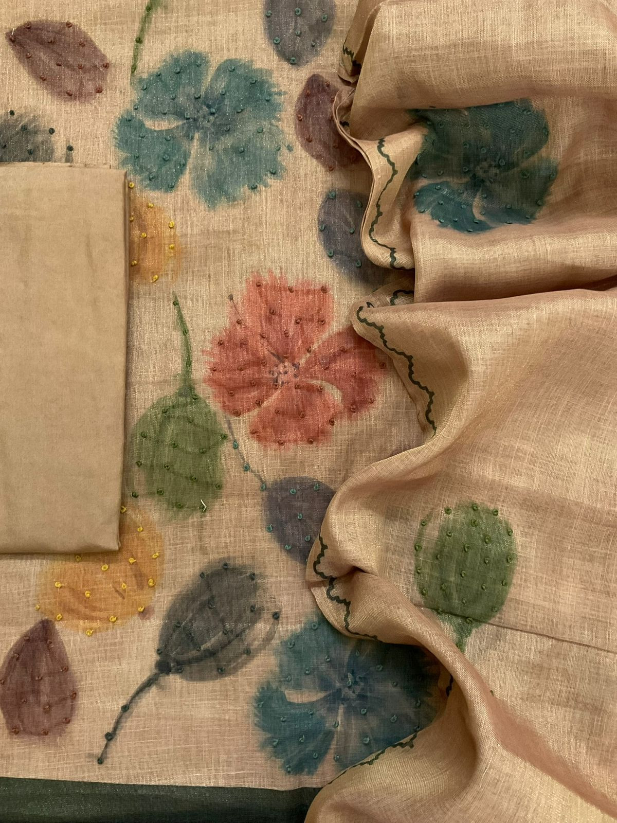 Soft Tissue Slub Cotton Printed Embroidered Suit - Beige