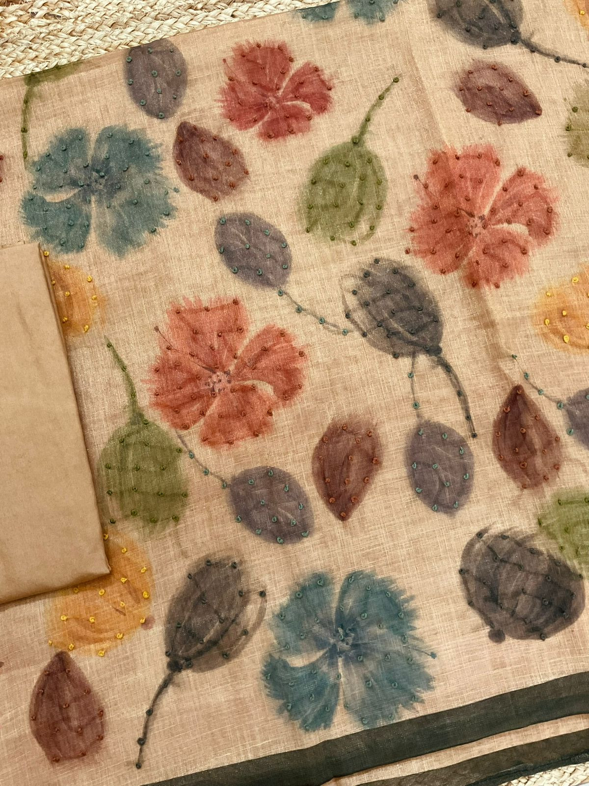 Soft Tissue Slub Cotton Printed Embroidered Suit - Beige