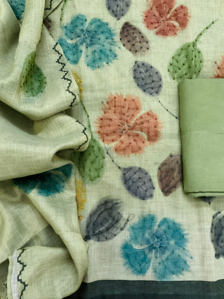 Image of Soft Tissue Slub Cotton Printed Embroidered Suit - Green