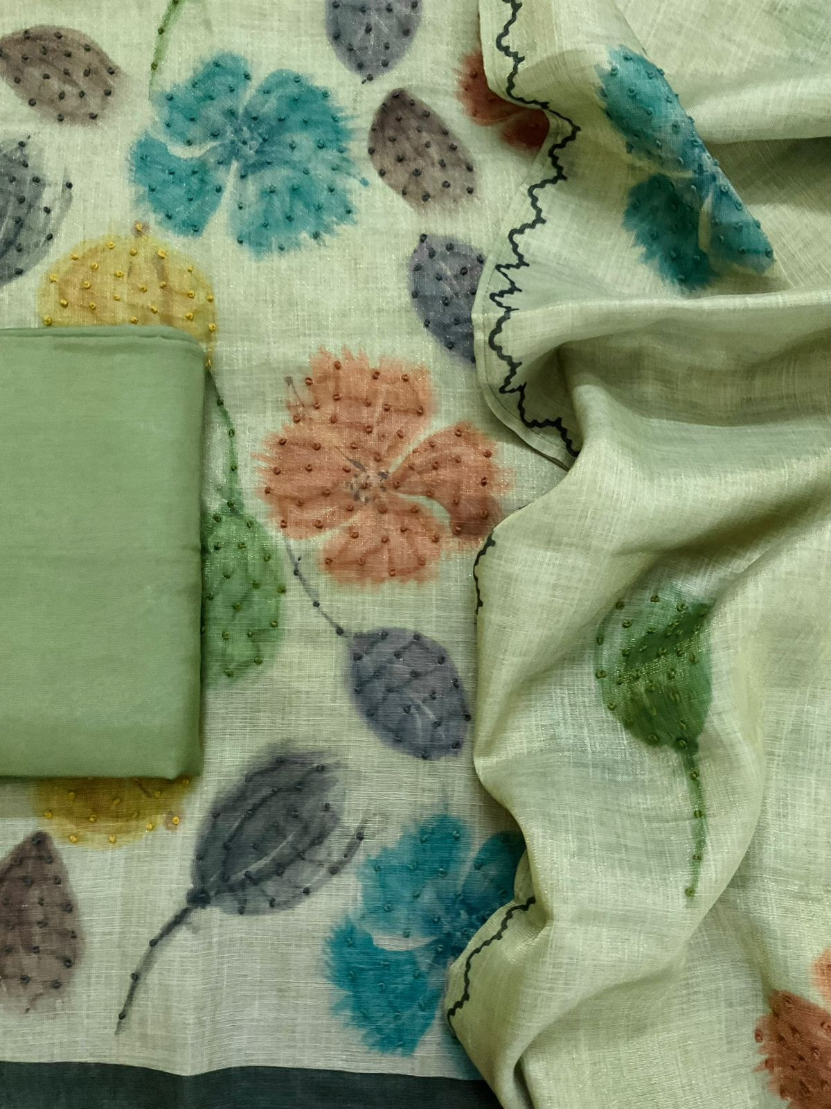 Soft Tissue Slub Cotton Printed Embroidered Suit - Green