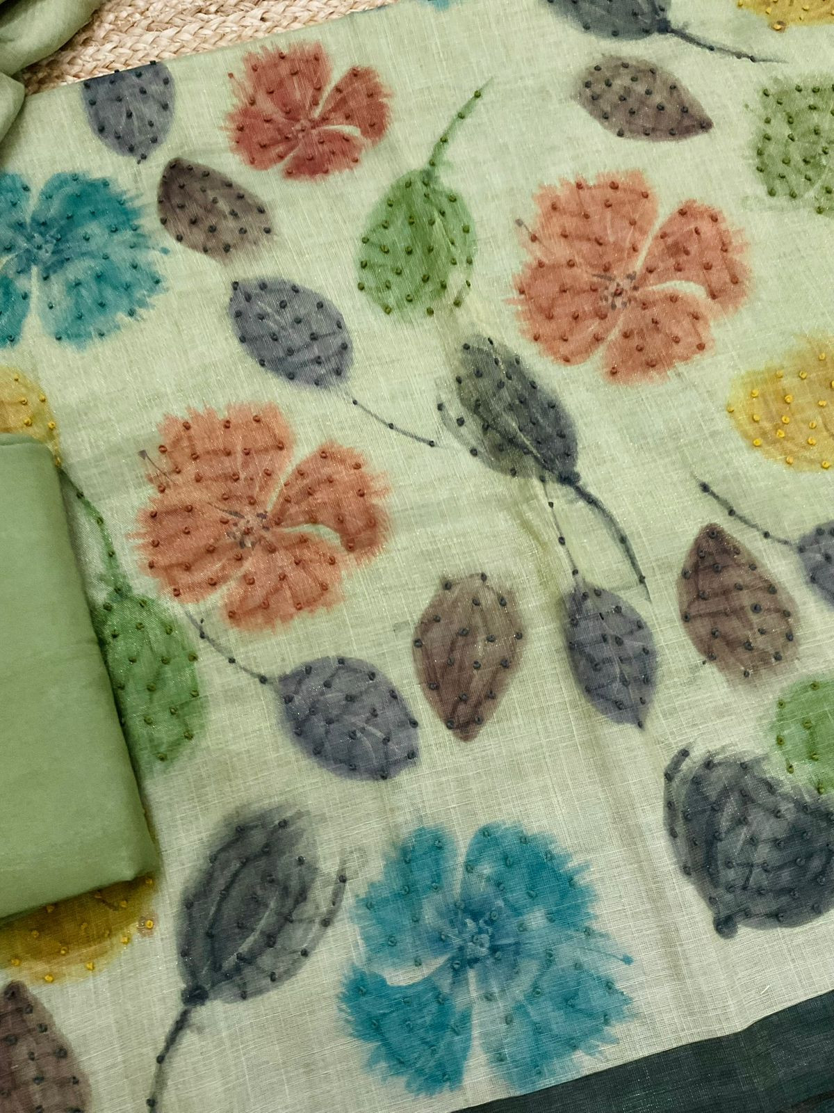 Soft Tissue Slub Cotton Printed Embroidered Suit - Green