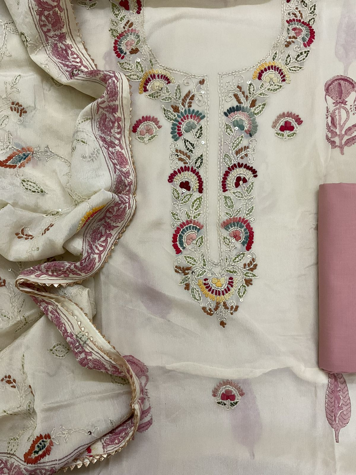 Pure Chinnon Silk Block Printed Embroidered Suit - Cream