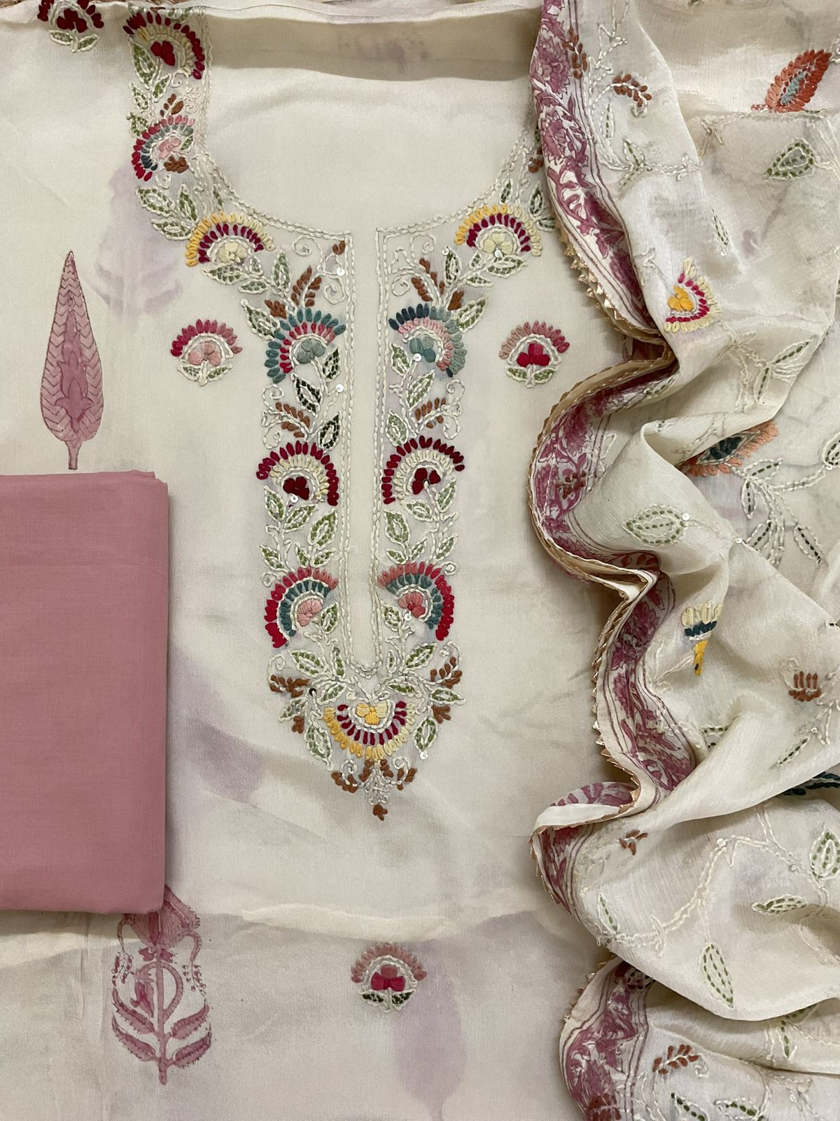 Pure Chinnon Silk Block Printed Embroidered Suit - Cream