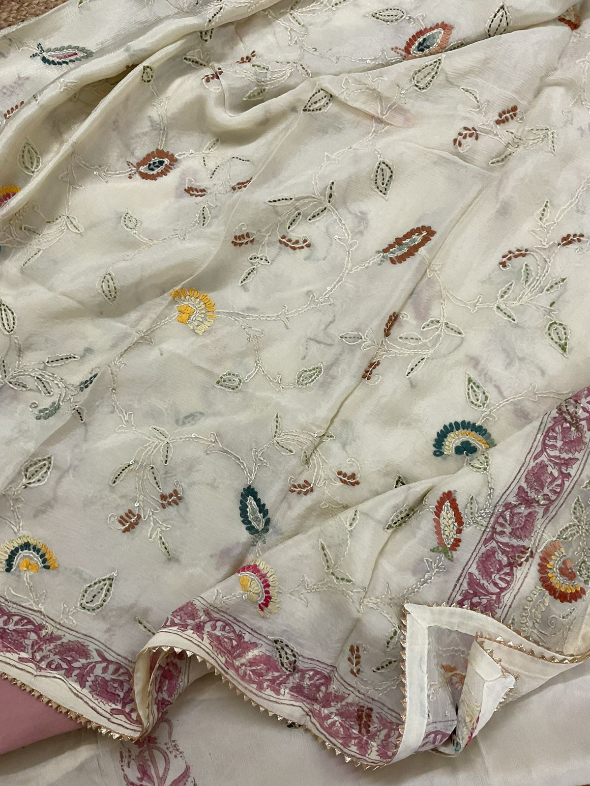 Pure Chinnon Silk Block Printed Embroidered Suit - Cream