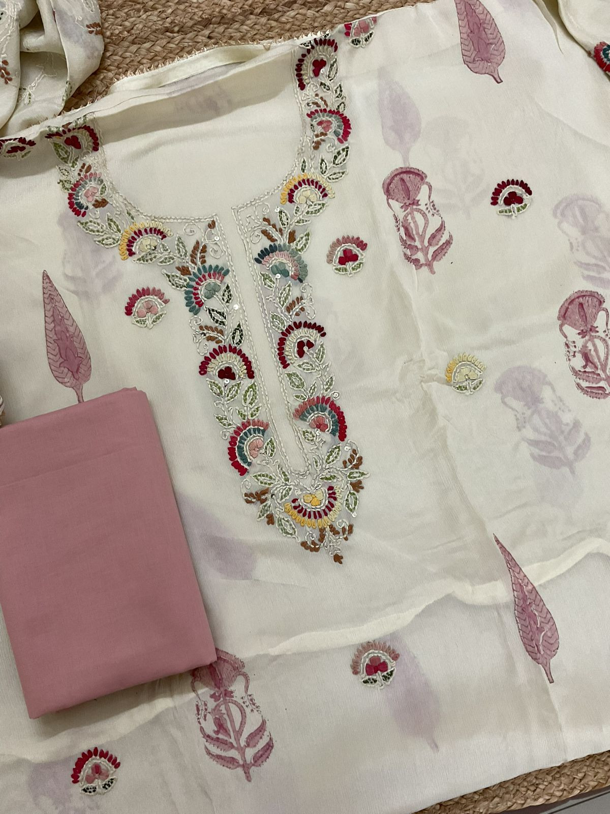 Pure Chinnon Silk Block Printed Embroidered Suit - Cream
