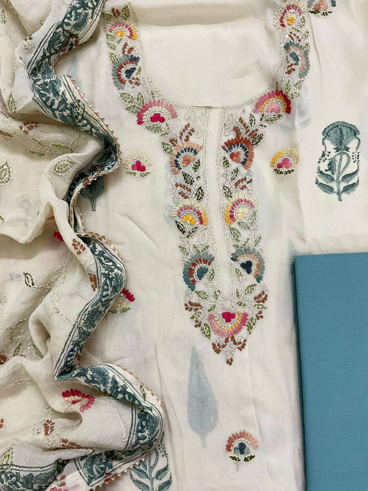 Pure Chinnon Silk Block Printed Embroidered Suit - Cream